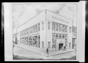 Architects drawing of Pacific-Southwest Bank building, Southern California, 1927