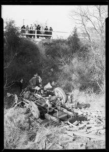 Truck over embankment in La Cañada, La Cañada Flintridge, CA, 1930