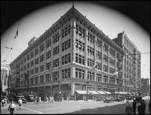 Exterior of store during 50th anniversary sale, May Co., 801 South Broadway, Los Angeles, CA, 1931