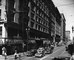 On the corner of South Spring Street and West Fifth Street in Downtown Los Angeles