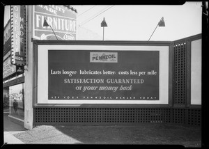 Bulletin board & sign on service station, West 39th Street & South Vermont Avenue, Los Angeles, 1931