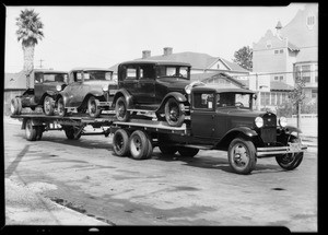 Truck and trailer, showing attacked and detached, Taylor Truck-a-Way, Southern California, 1930
