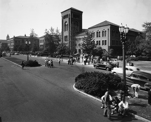 Bovard Auditorium as seen across from the Doheny Library on Trousdale Parkway within the University of Southern California (USC) campus