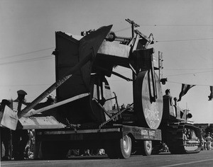 American Legion parade, Long Beach, float featuring heavy machinery from Orange County, California