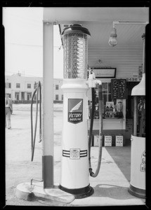 Pumps at Nielson service station, 1st & Commonwealth, Southern California, 1932