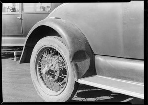 Ford coupe, license #6M-26-1, dent in rear fender, Southern California, 1929