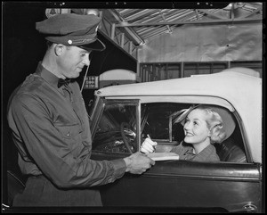 Patricia Ellis at Country Club service station, Olympic Boulevard, Beverly Hills, CA, 1940