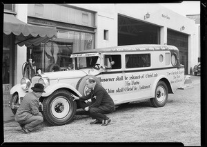 M.A. tires on Nels Thompson preaching car, Southern California, 1930