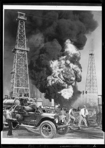 Composites of truck and oil well fire, Southern California, 1929