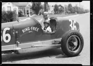 Louis Meyer and racing car, Southern California, 1935