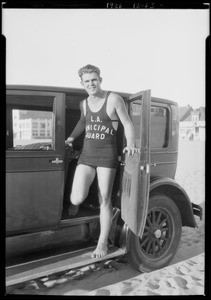 Channel swimmer and Peerless car, Southern California, 1926