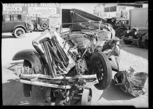 Wrecked Chrysler at Larchmont garage, Southern California, 1931