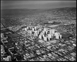 An aerial view looking northwest over the Park La Brea apartment complex and surrounding area