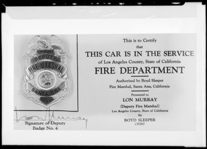 Fire department badge, Southern California, 1932