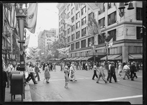 Fiesta decorations, West 4th Street and South Broadway, Los Angeles, CA, 1931