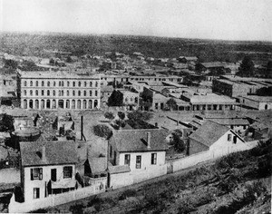 Early photo facing east towards the Pio Pico House (just south of the Plaza) in Downtown Los Angeles