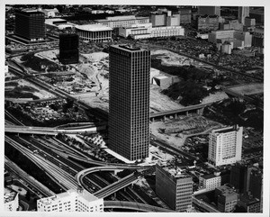 Aerial view of the Union Bank Square on Bunker Hill in Downtown Los Angeles