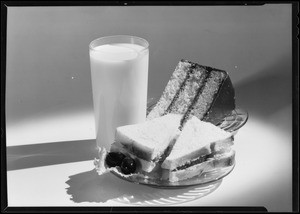 Glass of milk, sandwich and cake, Certified Milk Association, Southern California, 1931