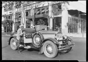 Charles Bird weighing in for economy run, Pacific Southwest Warehouse, Southern California, 1926