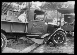 Wrecked Young's Market Co. truck at intersection, West 9th Street and South New Hampshire Avenue, Los Angeles, CA, 1931