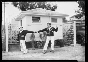 Black & Harris at service station, Southern California, 1932