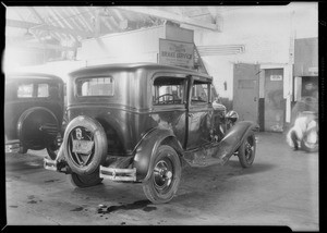 Wrecked Chevrolet coach belonging to Tony Haun, LA Motor Services, 2524 South Hill Street, Los Angeles, CA, 1930