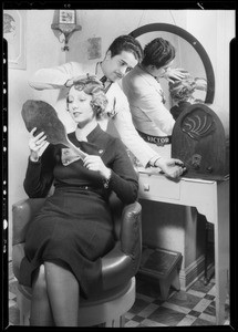 Hair dressing with music, Southern California, 1933