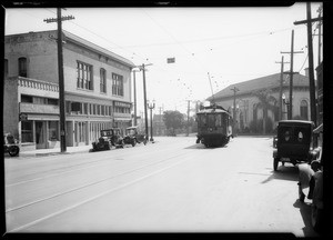 Street scenes at intersection of East 1st Street and North Chicago Street, Los Angeles, CA, 1927