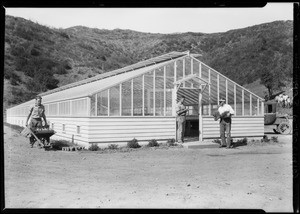 Fire Chief Scott & views of water ponds & new greenhouse, Southern California, 1928