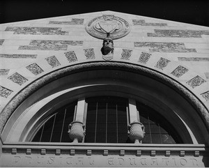 View of the architecture for the upper half of the entrance to the physical education building on the University of Southern California (USC) campus