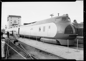 Streamline train & Signal Gasoline truck, Southern California, 1934