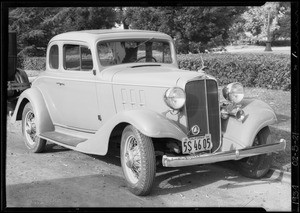 Chevrolet coupe, Elysabeth J. McCloy, owner and assured, Southern California, 1934