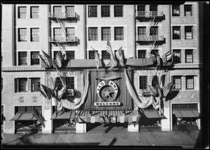 Store exterior with Shriner decor, Southern California, 1925