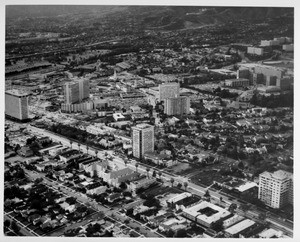 Aerial view facing north over Westwood at Wilshire Boulevard and Malcolm Avenue