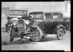 Wrecked Fords and scene of accident at Wilmington and San Pedro, Southern California, 1932