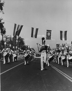 American Legion parade, Long Beach, drum corps led by a drum major