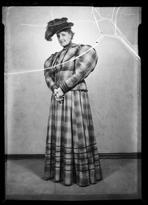 Portrait of Miss Dorothy Studebaker in 1890 costume, Southern California, 1936