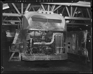 Fire damage to bus, Southern California, 1940