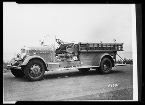 Pomona fire truck and Van de Kamp's truck, Southern California, 1935