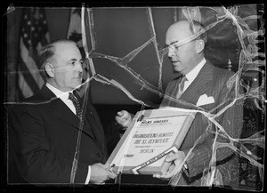 Mayor Shaw, Helms, Garland, & Fox in Shaw's office, Los Angeles, CA, 1936