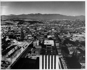 Aerial view looking north over the roof of the Federal Building between Main Street and Spring Street