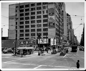 Looking north along Broadway from the intersection of West Olympic Boulevard at the activity of the streets