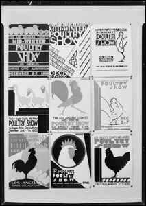 Booths, show room, posters, poultry show, Southern California, 1930