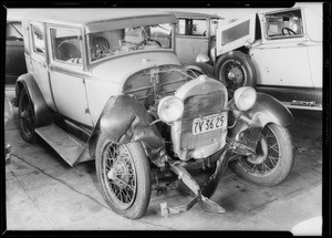 Wrecked Ford sedan, Ferris owner and assured, Southern California, 1934