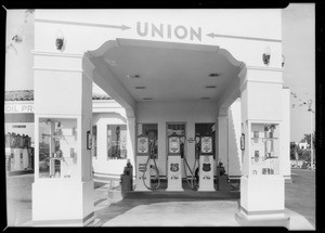 View of entrance to Westwood station, also 'A' board with Union shield, 1160 Westood Boulevard, Los Angeles, CA, 1933