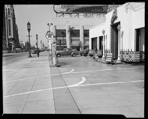 Sidewalk in front of Texaco station, Wilshire Boulevard and South New Hampshire Avenue, Los Angeles, CA, 1940