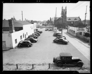 Brooks Market parking lot, Southern California, 1940