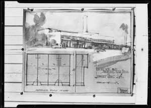 Washdrawing of new market on Angeles Mesa Drive, business center, Leimert Park, Southern California, 1928