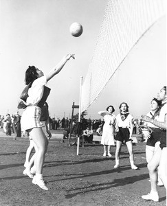 A group of women compete in a game of volleyball