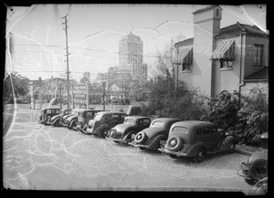 Line of cars from rear, Southern California, 1936